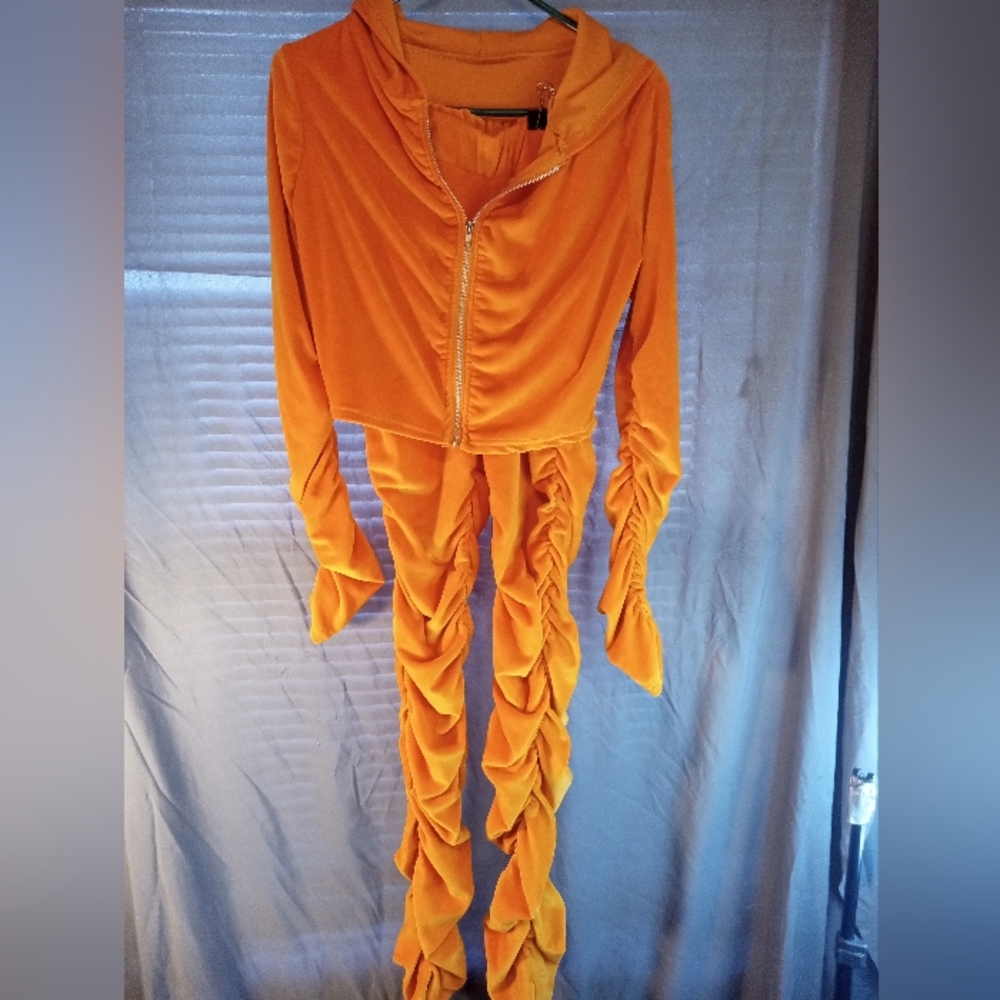 Bright Sexy Shein Zip Up Cropped Jacket Orange Ruched Two-Piece Set